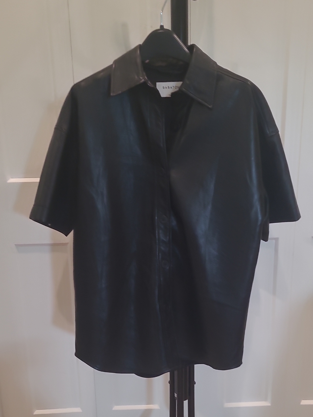 Babaton Black Short-Sleeve Leather Button-Down Shirt